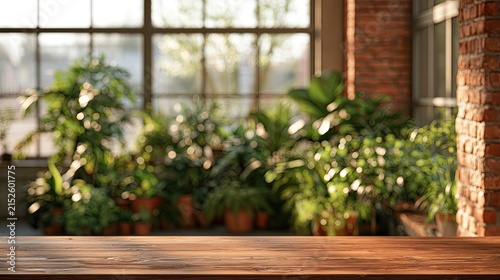 Warm sunlight illuminates lush potted plants in an industrial brick space
