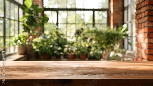 Rustic wooden table foreground, lush green plants background