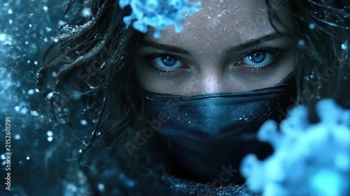 Young caucasian woman in snowy masked setting with virus particles. HMPV, Human metapneumovirus