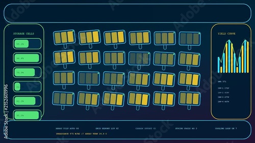 Digital dashboard managing stadium infrastructure monitors solar panel energy yield storage cell capacity and real time environmental data on a futuristic glowing teal interface display