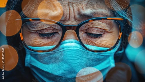 Elderly woman wearing mask and glasses with intense gaze in close-up. HMPV, Human metapneumovirus