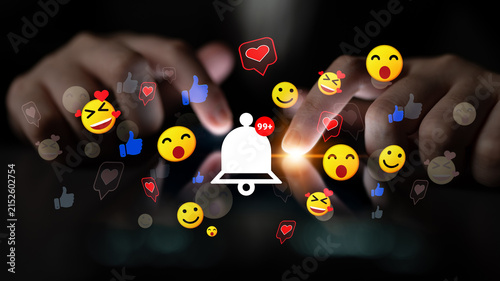 Quadro su tela Modern Communication Symbols with Hands Interacting with Smartphone, Emoji Reactions, Social Media Notifications and Digital Interactions