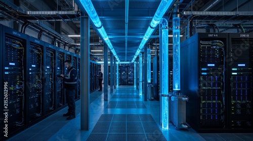 Technician inspecting server racks with blue liquid cooling