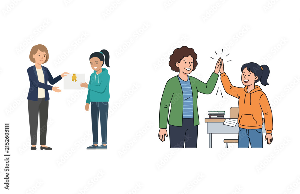 Obraz premium Flat vector illustration of teacher giving award to student and high five celebration in classroom