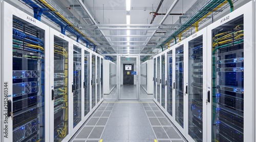 White server racks lining modern clean data center
