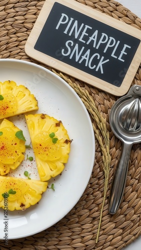 Gourmet fresh sliced pineapple with chili dust and lime gel, elegant presentation with vibrant yellow copy space