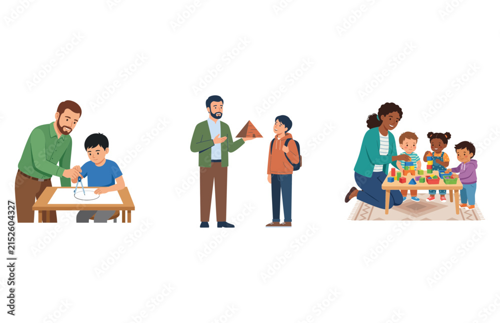 Obraz premium Set of Illustrations Showing Teachers and Mentors Guiding Diverse Children in Educational Activities
