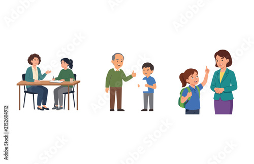 Set of vector illustrations featuring teachers and students interacting in school classroom