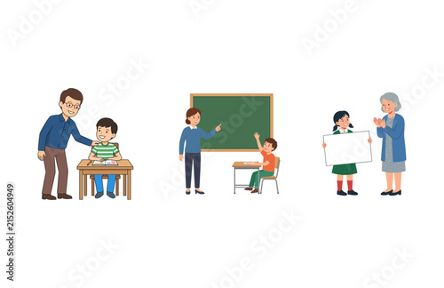 Set of vector illustrations showing teachers and students in various classroom education scenes