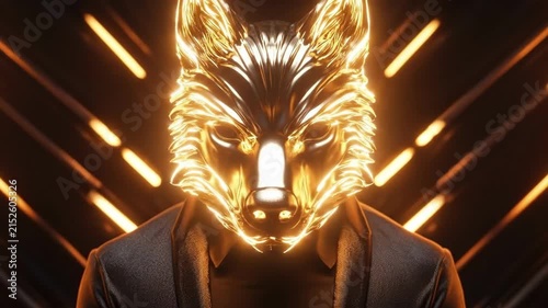 Mysterious figure with metallic wolf mask and neon lights