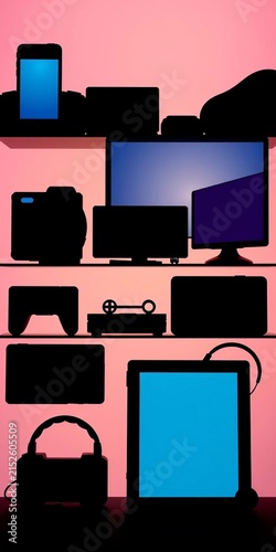 Silhouette of a smartphone, camera, TV, computer, game console, headphones, and tablet arranged in a grid, modern style, digital devices