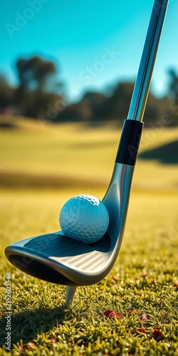 Immaculately positioned golf club awaits next shot, ball perfectly centered on sun-kissed green, grass, serene