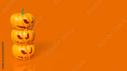 Stacked Scary Halloween Pumpkins on Bright Orange Background 3d render.