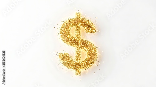 Shiny dollar sign symbol made of sparkling golden glitter dust particles on a bright surface