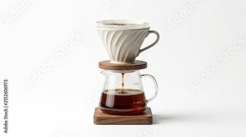 Minimalist ceramic pour over coffee dripper, glass carafe with wooden base, manual specialty coffee brewing equipment on white background
