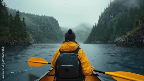 Young woman in yellow jacket canoeing through misty forest river in foggy landscape