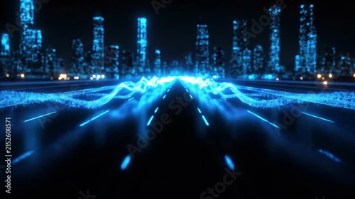 Futuristic neon highway with glowing lights and cityscape background