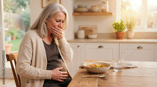 Pregnant woman experiencing morning sickness and food aversion at the kitchen table. Mature expecting mother feeling nauseous with a bowl of soup. Pregnancy discomfort and health concept