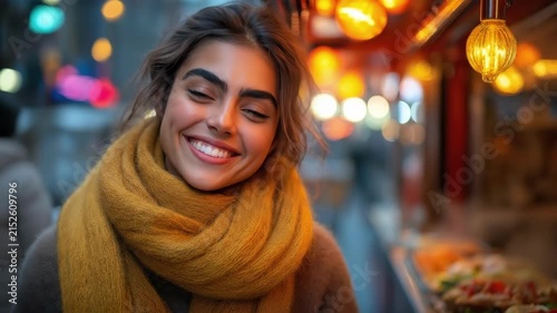 Young caucasian woman smiling at night market with warm lights