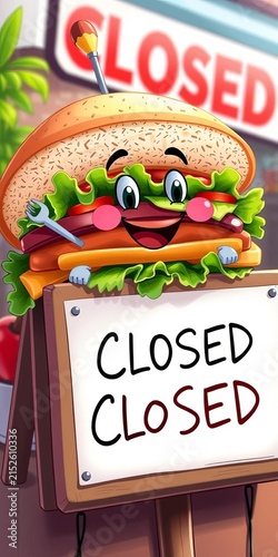 Illustration of a sandwich with a cheerful cartoon mascot on a closed sign board, food, graphic