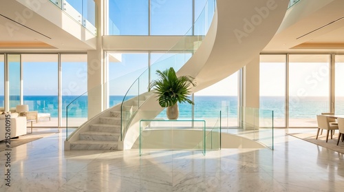 A modern spiral marble staircase stands in a luxury villa overlooking the ocean.
