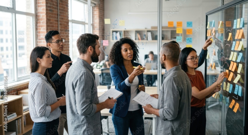 Obraz premium Diverse team brainstorming product ideas in modern office meeting