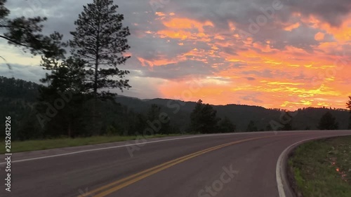 Black hills of South Dakota providing scenic driving on winding roads surrounded by Ponderosa Pines in July at sunset