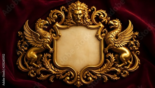 Imperial gold heraldic frame with lion head and mythical griffins on red velvet fabric background