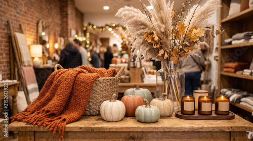 Cozy autumn home decor display with knit throw blanket, ceramic pumpkins, pampas grass, and scented candles in rustic boutique interior