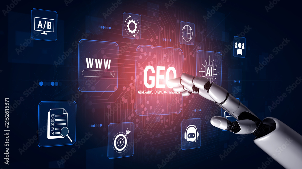 Obraz premium Robotic Arm Interacting with Digital Interface Representing Generative Technology and Data Processing in Modern Cyber Environment. Glyphic.