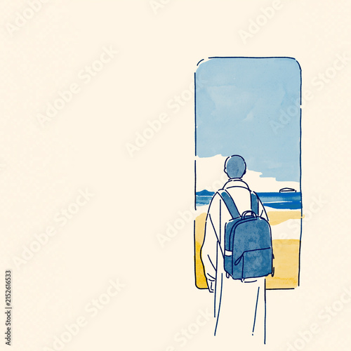 大きな荷物を持って移動する旅行者の手描き風イラスト