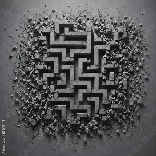 Crumbling Maze Form Featuring Abstract Geometric Maze Surface Deteriorating Tiny Fragments Outer Abstract Design Concept