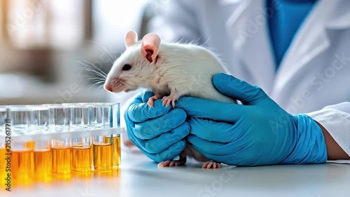 Scientist holding white lab mouse in gloved hands near test tubes