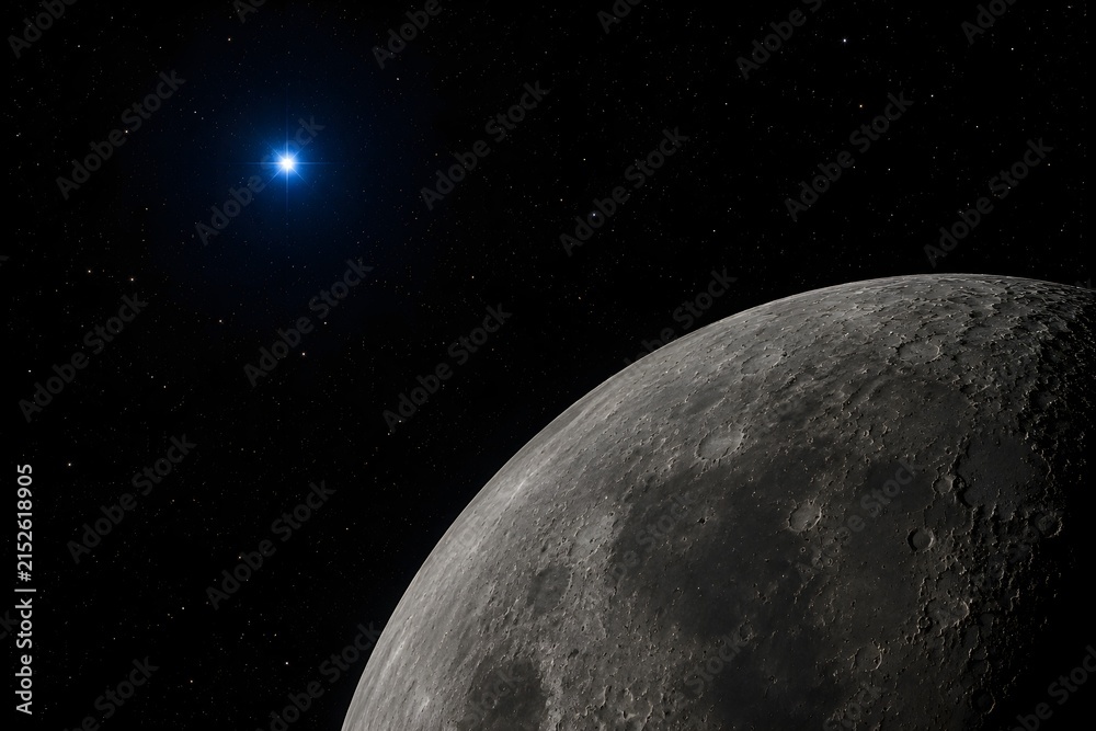 Obraz premium Blue White Star Visible Beyond Rocky Moon with Fine Crater Details and Natural Space Lighting