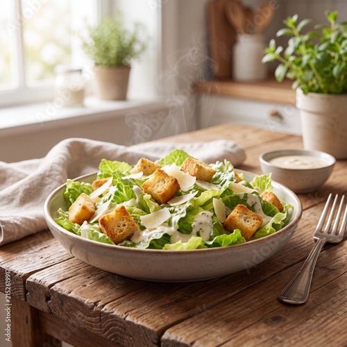 Fresh Caesar salad with crunchy croutons and parmesan cheese in a rustic kitchen setting