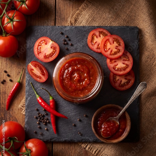 Fresh tomato sauce in glass jar with sliced tomatoes and chili peppers on slate board