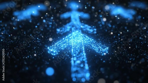 Glowing blue arrow composed of sparkling dots on dark background