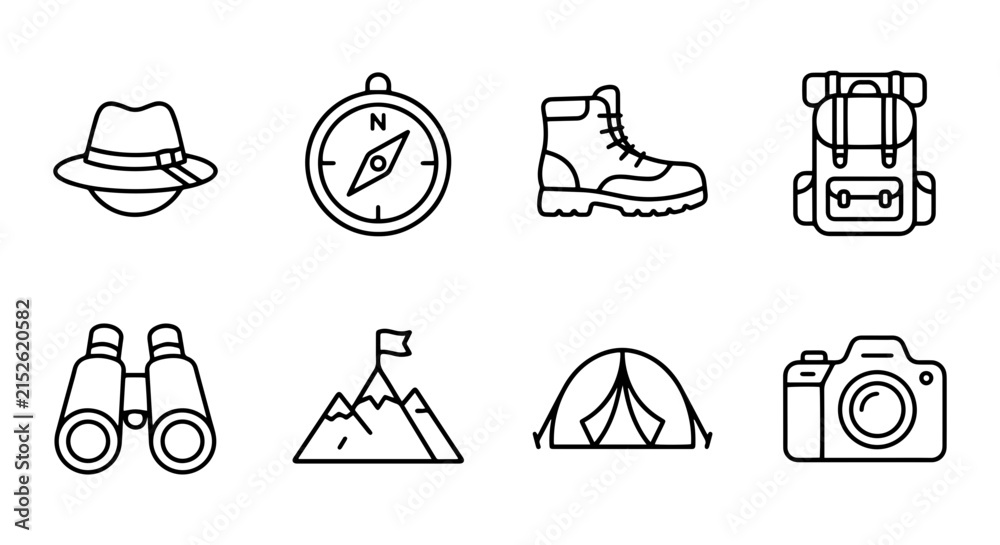 Fototapeta premium Outdoor Adventure Icons: Hiking Gear, Camping Equipment, Travel Essentials, Vector Set