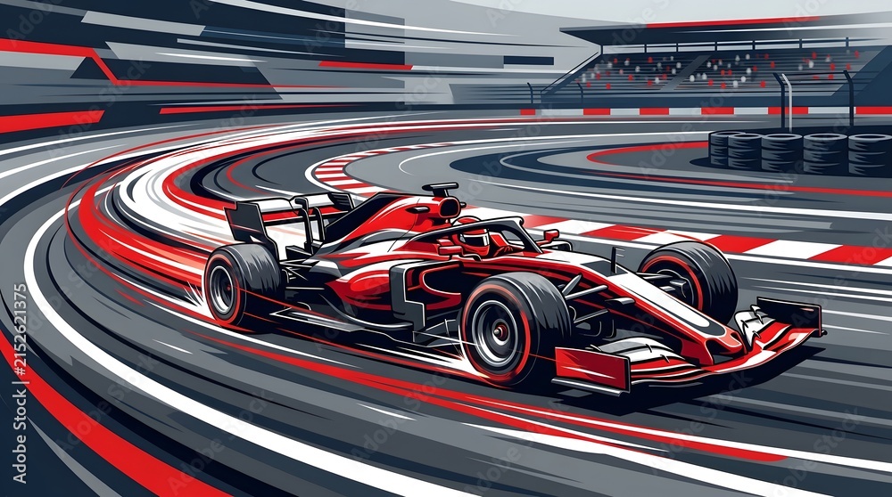 Naklejka premium Dynamic Illustration of a Red Formula One Race Car Speeding Through a Curved Track at High Velocity