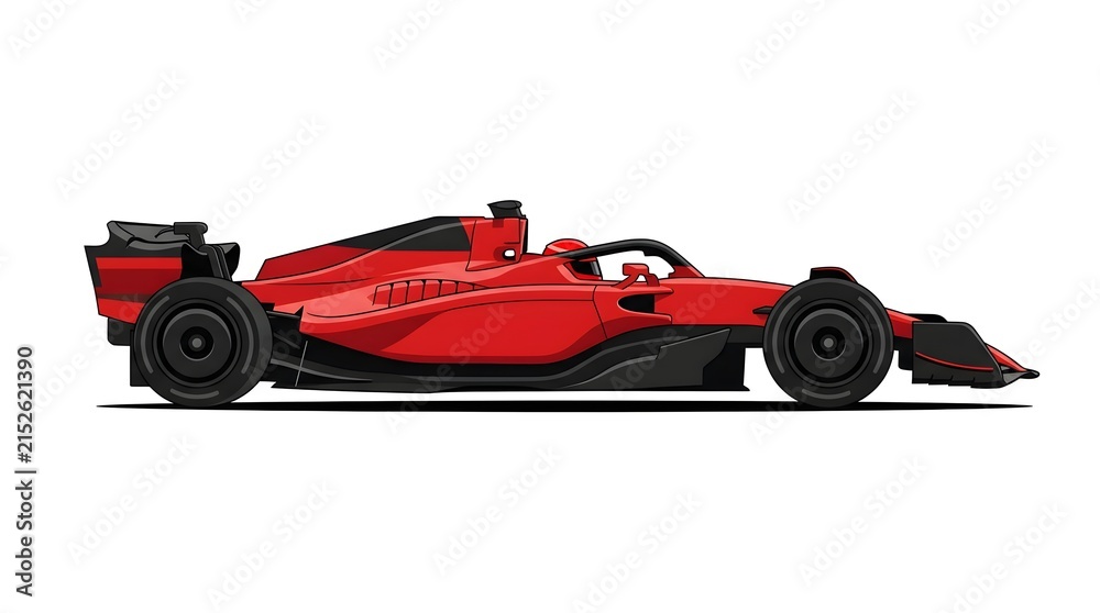Fototapeta premium Side view illustration of a modern red Formula 1 racing car isolated on white background