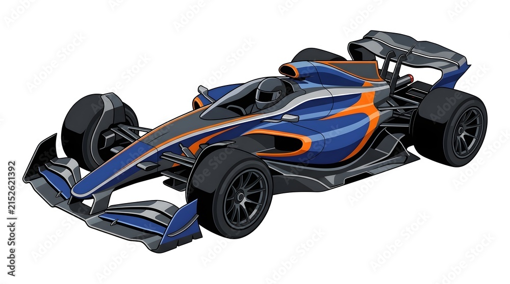 Fototapeta premium Modern blue and orange Formula 1 racing car isolated on white background