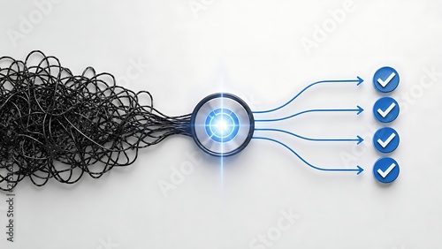 Digital data processing and streamlining shown by tangled cables passing through glowing ring into organized checkmarks