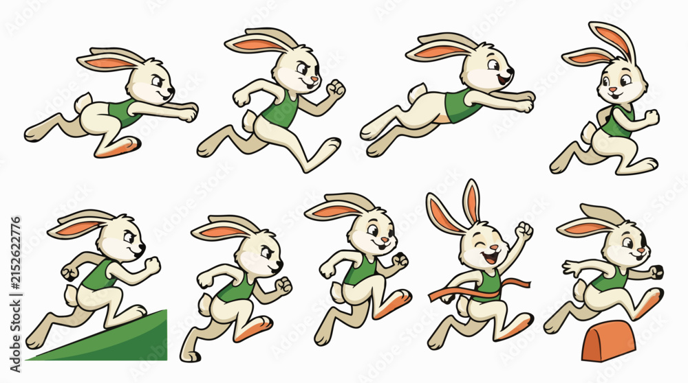 Fototapeta premium Cartoon rabbit athlete jumping hurdles and running uphill