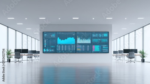 Modern corporate control room with large financial data screens