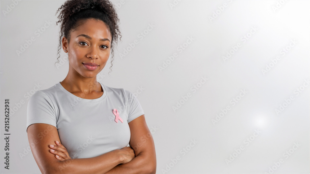 Obraz premium Confident Black woman wearing a pink ribbon on her t-shirt. Breast cancer awareness and support concept. Copy space for text