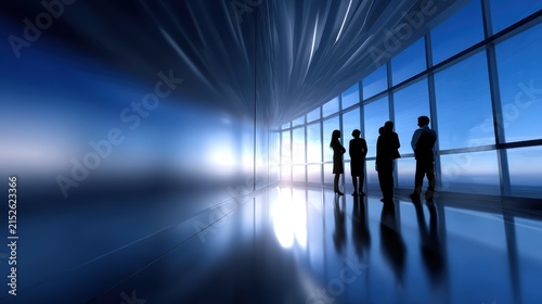 Business team silhouettes looking out skyscraper window