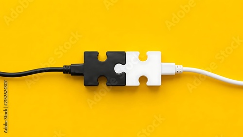 Business integration and partnership concept with black and white puzzle pieces connecting on vibrant yellow background