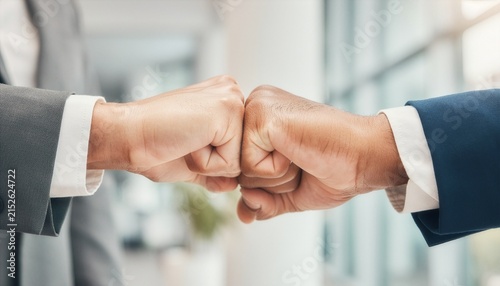 Extreme close-up of two business hands creating a supportive fist bump.