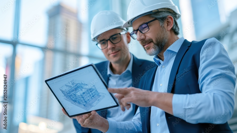 Fototapeta premium Architects reviewing building blueprints on digital tablet