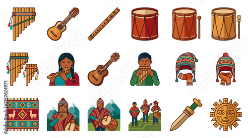Andean Music Instruments, People, and Culture Icons Set